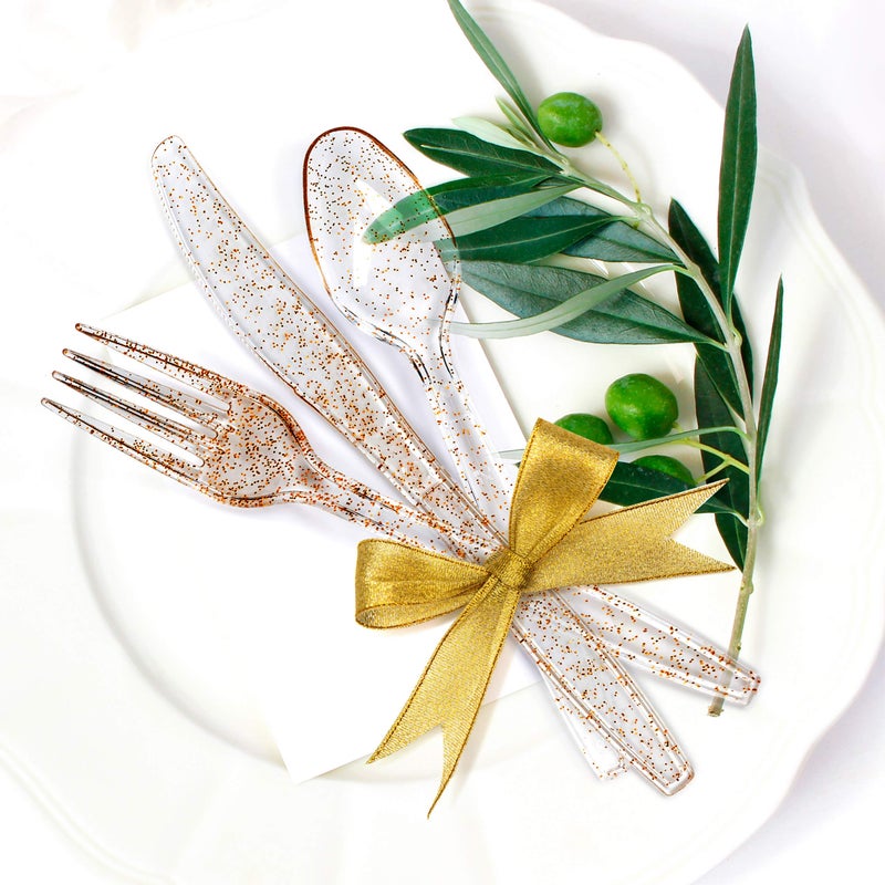 MATANA 300 Gold Glitter Plastic Silverware Set 100 Spoons 100 Knives 100 Forks, Heavy Duty Clear Plastic Cutlery Set Party Utensils for Wedding Receptions, Birthday Parties, Banquet & Catering - Image 3